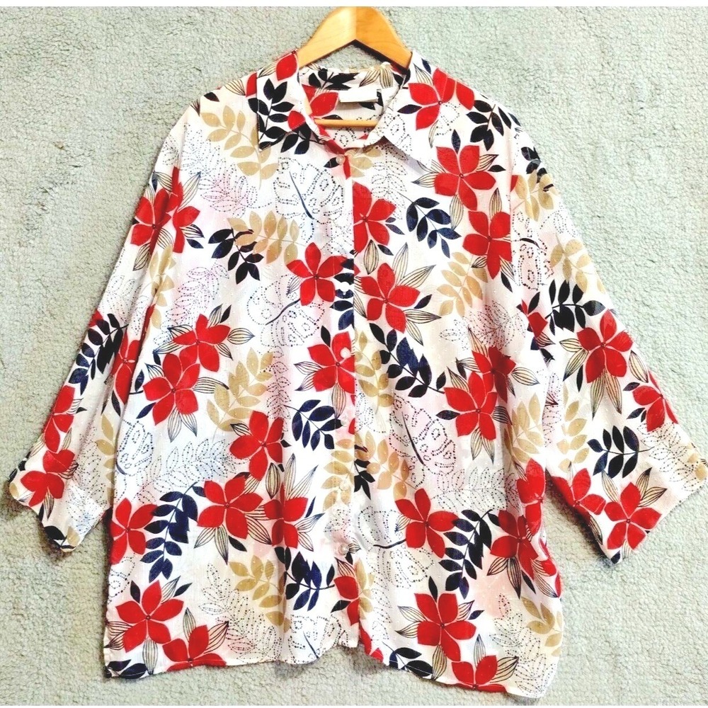 Alfred Dunner Blouse Womens 22W 3X Sheer Red‎ Floral Button Up Office